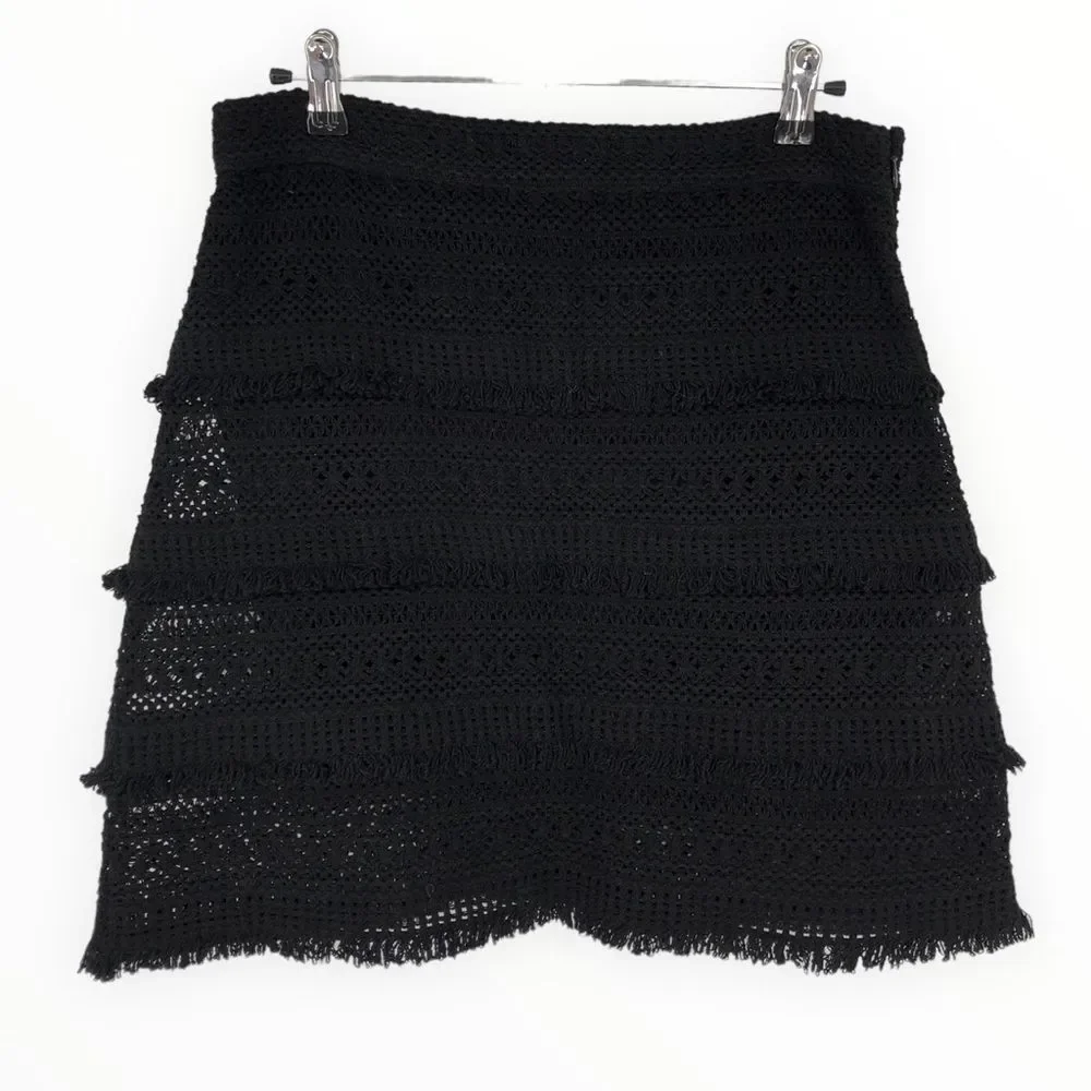 Joie Serena Fringe Mini Skirt in Black Caviar Woven Knit Loop Trim size 4 NWT
